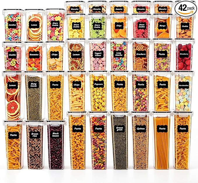 42 PCS Airtight Food Storage Containers with Lids, Plastic Kitchen and Organization Canisters for Cereal, Dry Food, Flour and Sugar, BPA-Free, PVC-Free, Includes Labels & Marker
