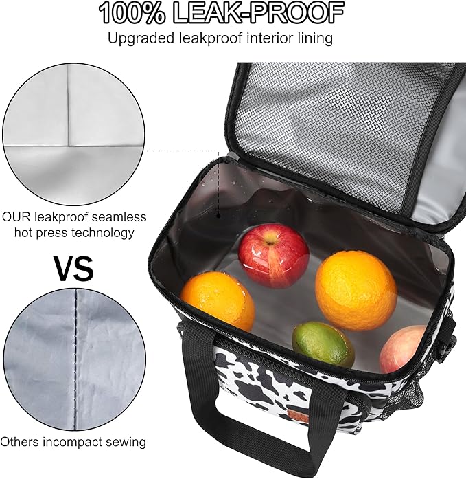 Lunch Bags for Women/Men, Insulated Lunch Bag for Work Office - Lunch Cooler Bag Leakproof Lunch Box with Adjustable Shoulder Strap - Cow print