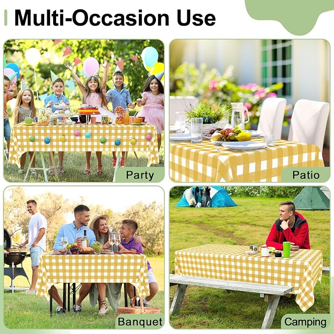 6 Packs Buffalo Disposable Table Cloth, 54 x 108 Inch Waterproof Plastic Tablecloth, Rectangle Gold and White Checkered Table Covers for Picnic, Birthday, Party, Back to School