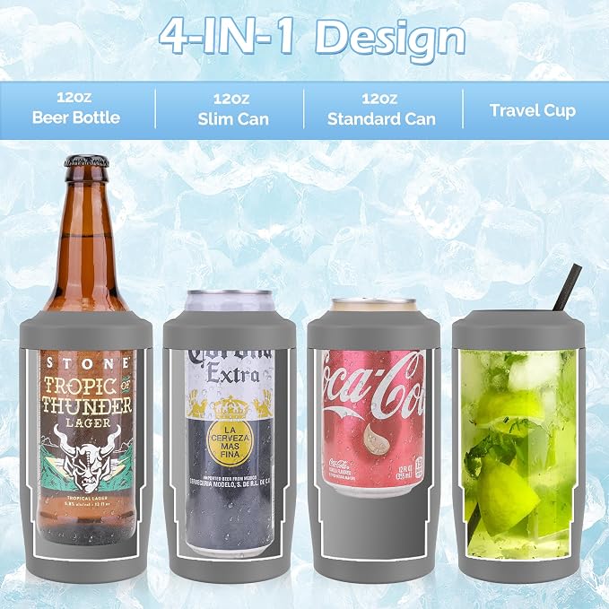 Morefeel 4-in-1 Insulated Can Cooler for 12 oz Cans & Bottles | 304 Stainless Steel Can Holder Fits 12 Oz Slim Cans, Standard Cans, Beer Bottles & Works as A Open Cup; Dishwasher Safe