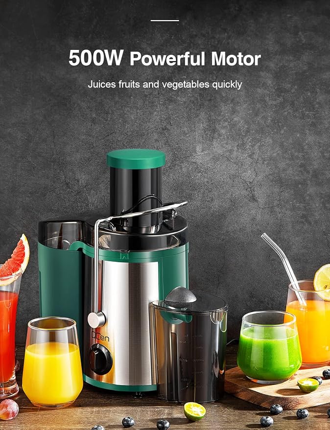 QCen Juicer Machine 500W Centrifugal Juicer with Extra Wide Feed Chute | For Fruits And Vegetables, Stainless Steel, BPA-Free Parts, Easy To Clean, Green, Compact Countertop Juicer
