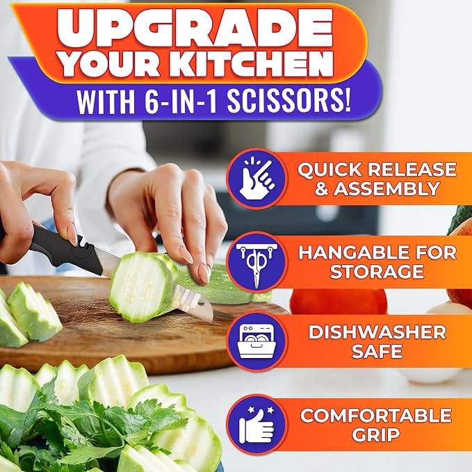 6 in 1 Cutting Board Scissors for Food, Detachable Knife | Cheese Scissors with Built-In Fish Scaler, Bottle Opener and Safety Lock; Dishwasher Safe, Ribbed Blade for Meat & Vegetables