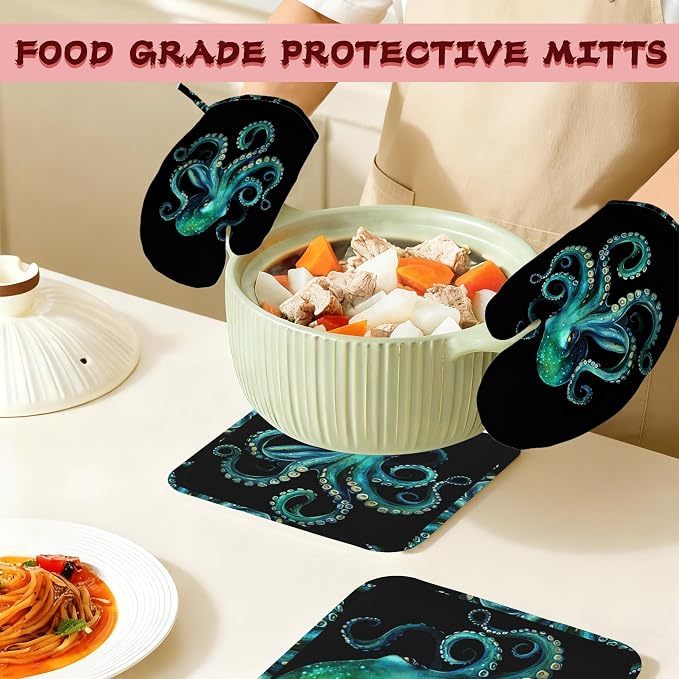 Octopus Silicone Oven Mitts and Pot Holders,Heat-Resistant 4 Piece Kitchen Set Non-Slip Oven Gloves and Hot Pads for Cooking, Baking, Grilling,BBQ