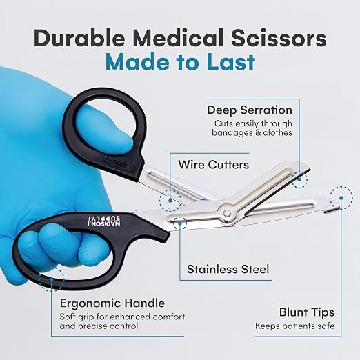 Medical Scissors, EMT and Trauma Shears - 7.5 Inch Premium Quality Stainless Steel Bandage Scissors - Fluoride-Coated with Non-Stick Blades - 1 Pack (Black/Stainless)