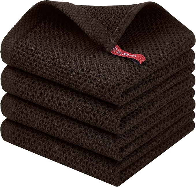 Homaxy 100% Cotton Waffle Weave Kitchen Dish Cloths, 4-Pack, Dark Brown | 12 x 12 Inches, Ultra Soft Absorbent Dish Towels, Quick Drying Dish Rags with Hanging Loop