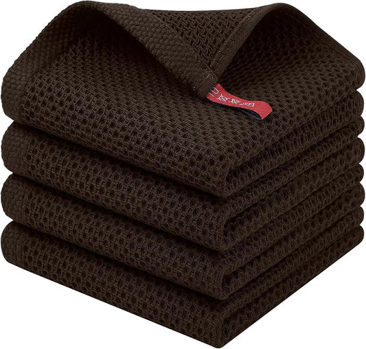 Homaxy 100% Cotton Waffle Weave Kitchen Dish Cloths, 4-Pack, Dark Brown | 12 x 12 Inches, Ultra Soft Absorbent Dish Towels, Quick Drying Dish Rags with Hanging Loop