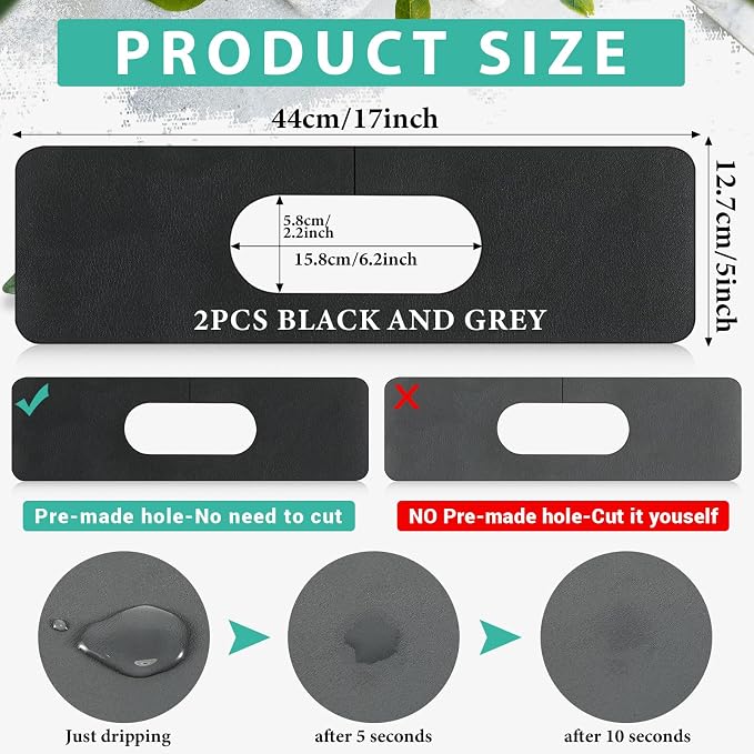 Tioncy 2 Pcs Faucet Mat Sink Splash Guard Oval-hole Oval Splash Pad for Kitchen Sink Oval Base Diatomite Faucet Mat for Bathroom Absorbent Mat Splatter Screens(Dark Gray, Black)
