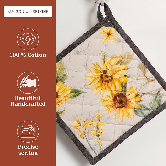 Maison d' Hermine Pot Holders 100% Cotton Potholders (8" x 8", Pack of 2) | Heat Resistant Hot Pads with Loop BBQ Cooking Baking Farmhouse Kitchen Handling Hot Pans Spring Summer - Candice