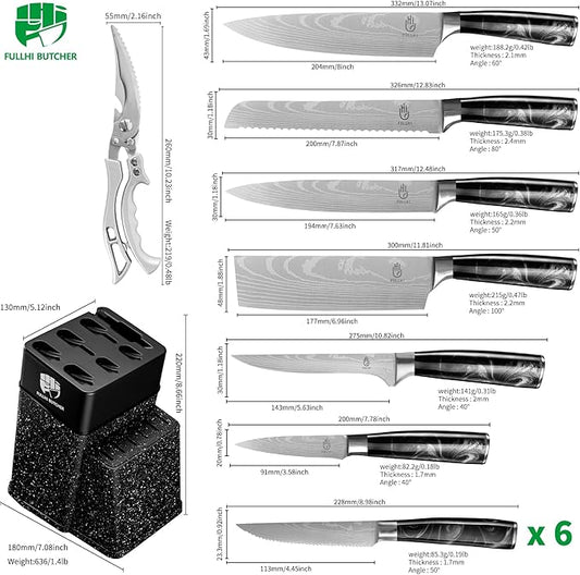 FULLHI 14pcs Block Knife Set, Chef's Knife Steak Knives Set with Block and Sharpener, Kitchen Knife Set, Multi-colour Handle, Gifts for Men Women