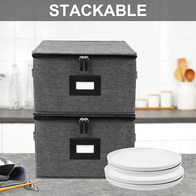 China Storage Containers Hard Shell, 13" Plates Storage Box for Dishes | Stackable Dinnerware Storage Containers with 24 Felt Dividers (2 Pack Black)