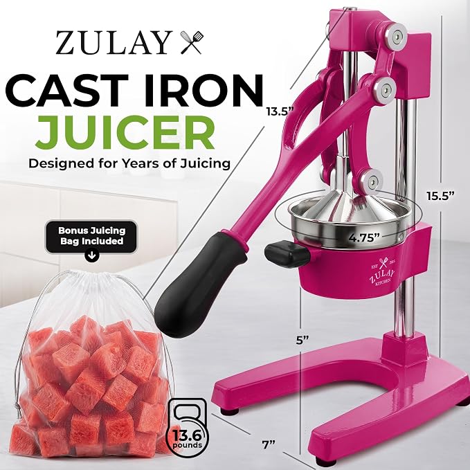 Zulay Kitchen Cast Iron Juicer - Heavy Duty Manual Juicer with Detachable Strainers for Easy Cleaning, Orange Juice Press for Citrus Fruits, Perfect for Bartenders, Juice Lovers & Health Enthusiasts