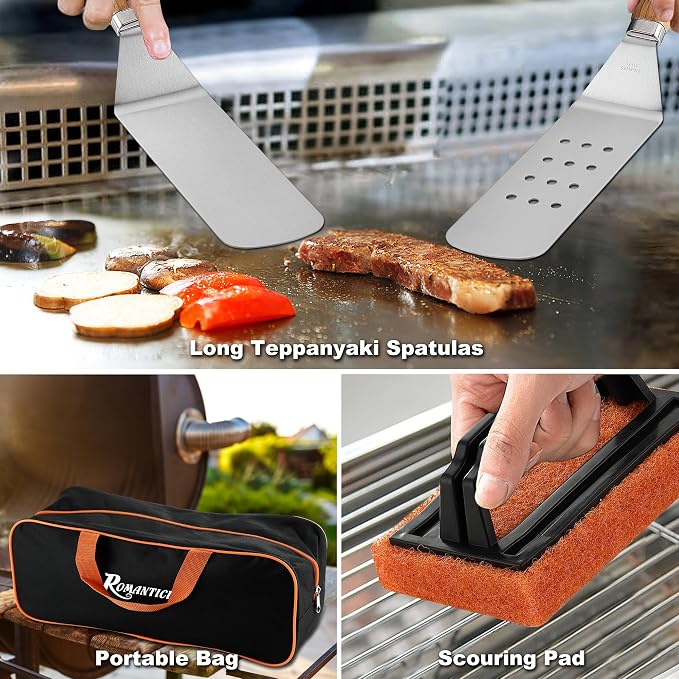 ROMANTICIST 29PCS Griddle Accessories Set - Flat Top Teppanyaki Spatula Set with Scraper, Basting Cover for Camp Chef- Home Cooking Griddle and Outdoor BBQ Gifts for Father's Day