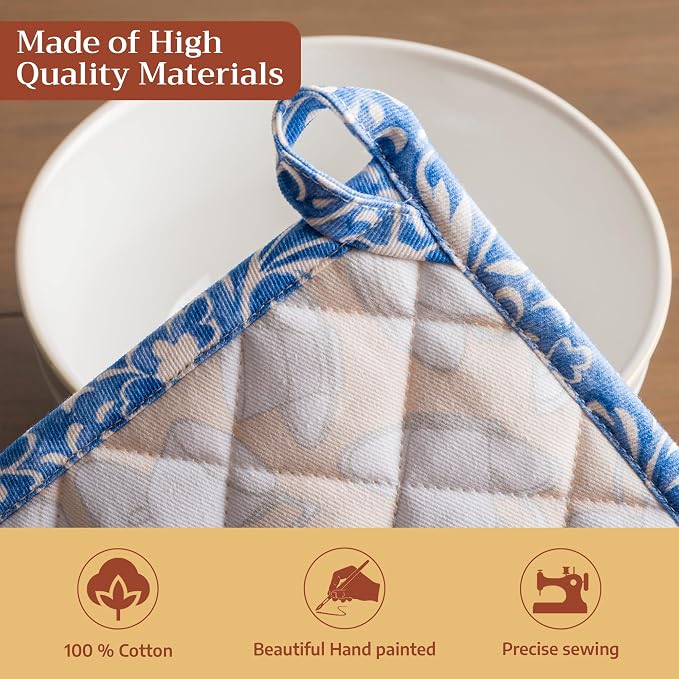 Maison d' Hermine Pot Holders 100% Cotton Potholders (8" x 8", Pack of 1) | Heat Resistant Hot Pads with Loop BBQ Cooking Baking Farmhouse Kitchen Handling Hot Pans Spring Summer - Canton