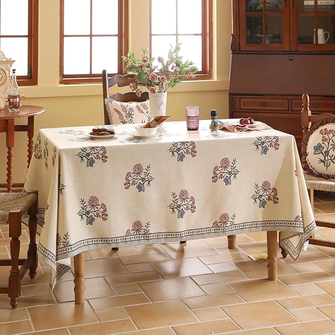 ISAENNE Designer Linen Light Beige Extra Long Table Cloth Rectangle,French Colorful Floral Tablecloth,Stain Resistant Decor Tablecloths for Dining Thanksgiving Kitchen,67"*118"-Helena E