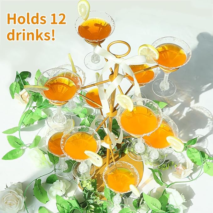 QPIX DIGITAL Champagne Tower,Metal Cocktail Tree Stand 3 Tier - 12 Holders For Champagne, Cocktails, Martini, Margarita Cups at Weddings,Bridal Parties & Events,Cocktail Glass Gold Holder