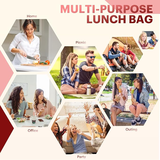 Lunch Bag for Women & Men Adult Insulated Lunch Box, Small Leakproof Cooler Food Lunch Containers Reusable High Capacity Lunch Tote Bags for Work, Travel, Outdoor - Wine Red