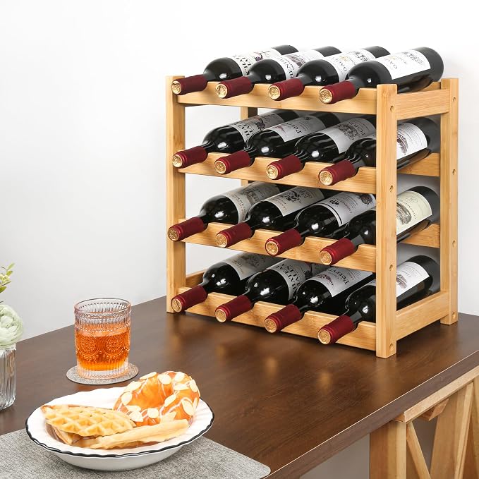 VASMIA Wine Rack, 4-Tier Bamboo Wine Racks Countertop,Sturdy and Durable Wine Storage Cabinet Shelf,16 Bottles Wine Holder for Kitchen Pantry, Natural