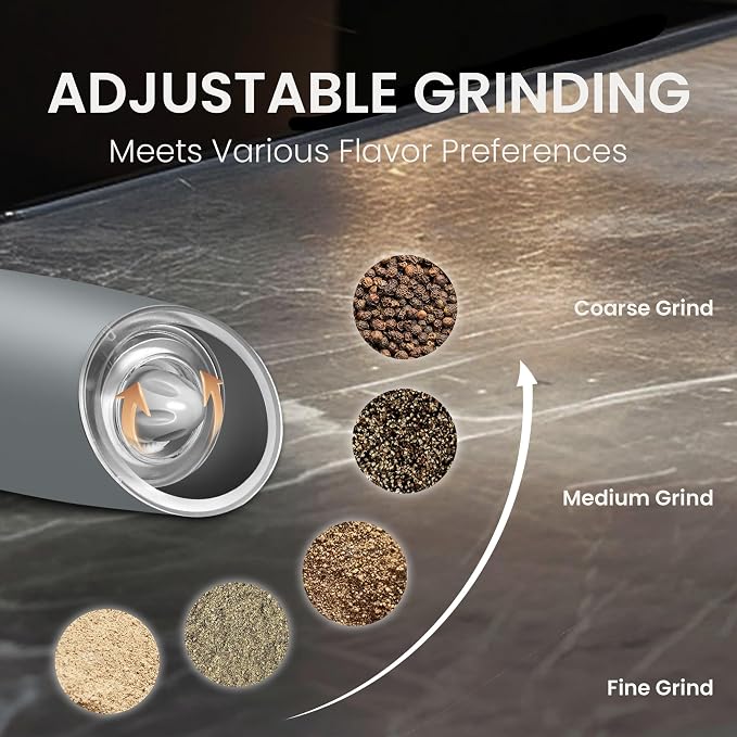 Battery Operated Salt And Pepper Grinder Set with LED Light, Automatic Electric Gravity Salt And Pepper Shakers Set, Each 6 AAA Batteries Needed, Adjustable Roughness, 2 Pack (LightGrey)