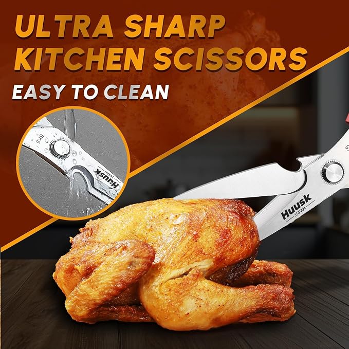 HUUSK Kitchen Scissors for Food, Multifunction Sharp Red Kitchen Shears | Japanese Stainless Steel Meat Cooking Scissors for Fish, Chicken, Turkey, Ergonomic Handles, Easy to Clean, Gifts for Women