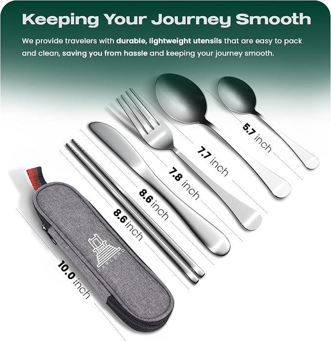 Taplord Portable Travel Silverware Set With Case, Includes 5 Pcs of Travel Utensils With Case, Stainless Steel Flatware Set For Camping, Easy to Travel, Lightweight (Silver), Medium, TL-05S