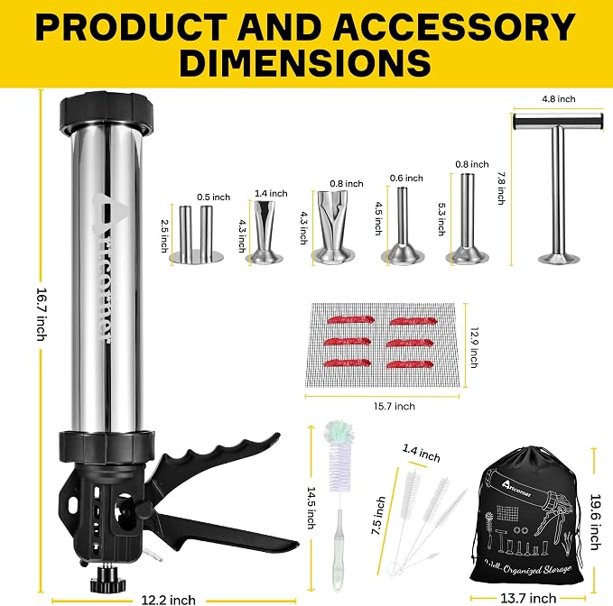 Professional Jerky Gun for Ground Meat | 2.5LB Capacity Jerky Maker Kit with 5 Attachments, 2 Brushes & Storage Net (Food Grade)