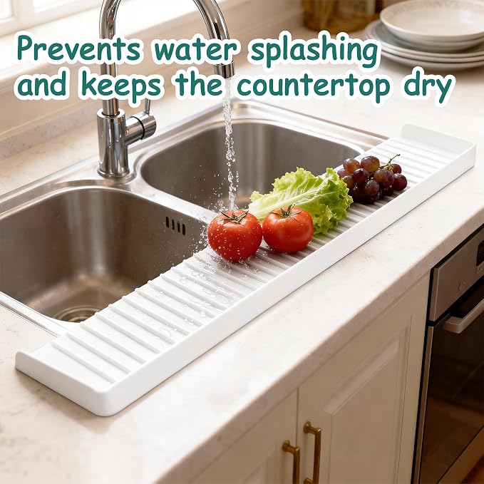 Silicone Sink Edge Protector Splash Guard, 30x4 Inch with Suction Cups & 5°Tilt, Cuttable for Kitchen Bathroom Countertops, Granite Quartz Surfaces (Transparency)