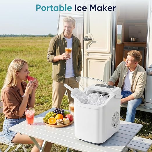 DUMOS Ice Maker Countertop, Ice Machine with Portable Handle, Basket and Scoop, 26lbs Daily, 9 Bullet Cubes in 6-8 Mins, Auto-Cleaning for Home, Kitchen, Office, Outdoors, RV Camping