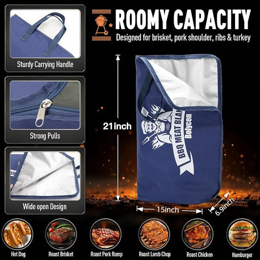 Upgraded BBQ Blanket for Resting Meat -Smoker Accessories Insulated Meat Resting Bag with Wide Mouth for Brisket/Steak/Pork Shoulder/Turkey - BBQ Accessories Grilling Gifts for Men (Blue, 21inch)