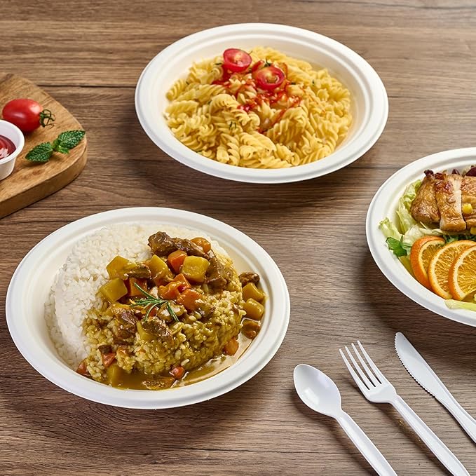 ECOLipak 125 Pack Paper Plates 10 inch 100% Compostable, Heavy-Duty Dinner Plates Disposable Bagasse Deep Dish Natural Biodegradable Eco-Friendly Sugarcane (White)