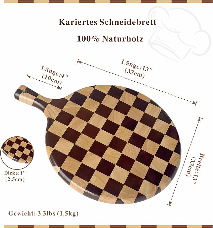 Checkered Pizza Cutting Board with Handle | 17" x 13" x 1" Thick | Acacia & Rubber Wood | Cheese & Charcuterie Serving Board | Bread, Meat & Pizza