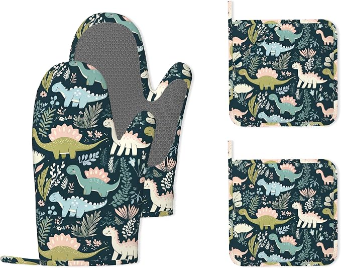 Cute Dinosaur Heat-Resistant Silicone Oven Mitts and Pot Holders 4 Piece Set,Extra Long Non-Slip Kitchen Oven Gloves for Cooking, Baking, BBQ,Grilling