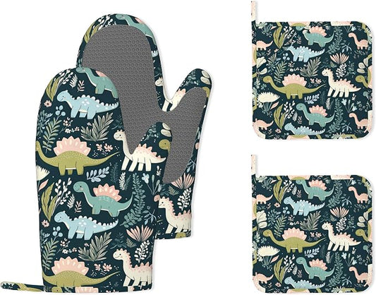 Cute Dinosaur Heat-Resistant Silicone Oven Mitts and Pot Holders 4 Piece Set,Extra Long Non-Slip Kitchen Oven Gloves for Cooking, Baking, BBQ,Grilling