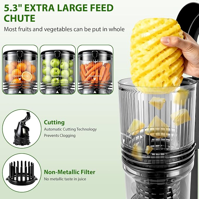 Pukomc Cold Press Juicer with Smart Display and Brushless Motor, | 5.3" Wide Mouth Feed Chute, 300W High Power Slow Masticating Juicer, Whole Vegetables & Fruits Juicing, Easy to Use and Clean