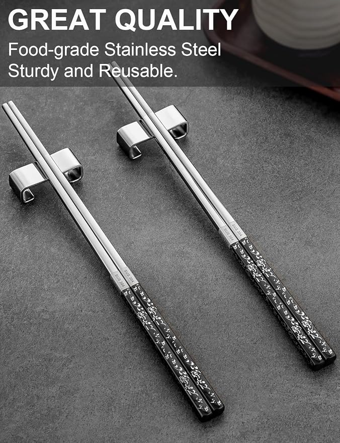 FOFAYU Metal Reusable Chopsticks 2 Pairs Titanium Plated Stainless Steel Chopsticks with Holder, Dishwasher Safe Non-Slip Japanese Style Chop Sticks Present Set (Black Silver)