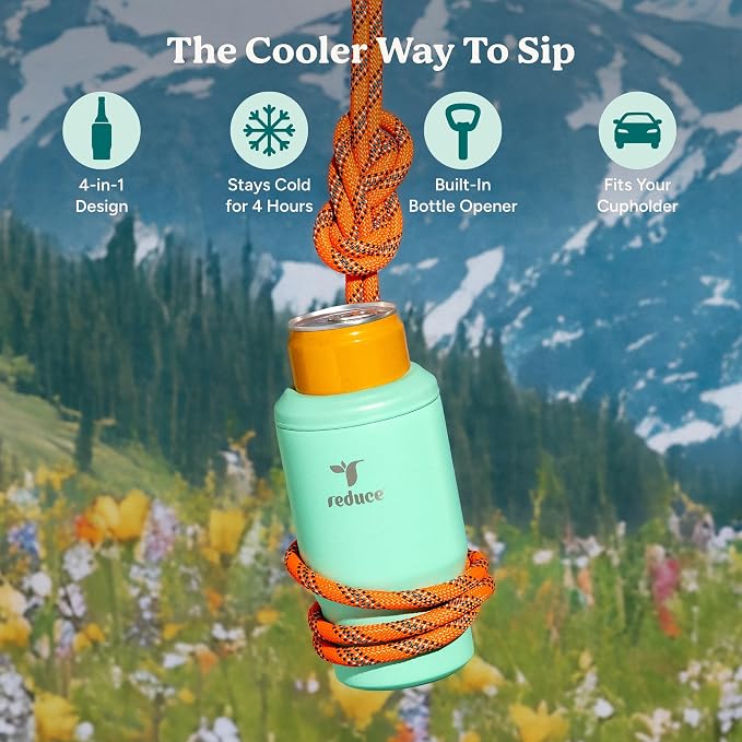 Reduce 4-in-1 Drink Cooler - Versatile Can & Bottle Holder with Vacuum Insulation - Keeps Drinks Cold Up to 4 Hours - Includes Bottle Opener - Fits Cupholders & Dishwasher Safe - 14oz - Sunset Fuschia