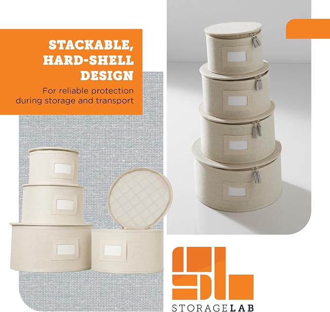 storageLAB 4-Piece China Plate Storage Set | Hard Shell Dividers | Cream | 4 hard shell plate cases - dinner, salad, dessert & saucer, 12 plates each. Felt dividers, stackable. Cream finish.