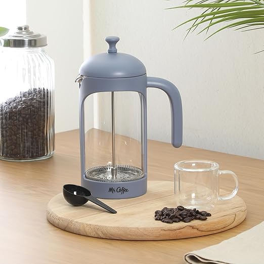 Mr. Coffee Retro Brew French Press Coffee Maker, 31-Ounce Glass Carafe with High Heat Resistant Durable Borasilicate Glass & Blue Frame and Plunger, Includes Coffee Scoop