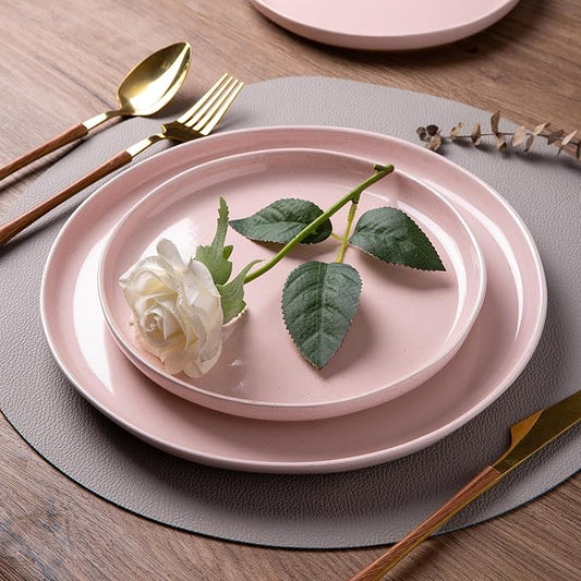 AmorArc Ceramic Dinnerware Sets for 6, 18 Pieces Handpainted Speckled Plates and Bowls Set with Rustic Terracotta Underside, Scratch Resistant Stoneware Dishes Set, Dishwasher & Microwave Safe, Pink
