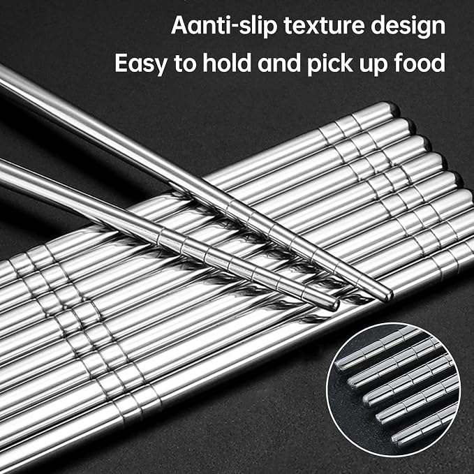 Premium Reusable Stainless Steel Chopsticks - 5 Pairs, 9.5 Inch, Square, Non-Slip, Dishwasher Safe, Use for Home, Kitchen, Hotel, Restaurant