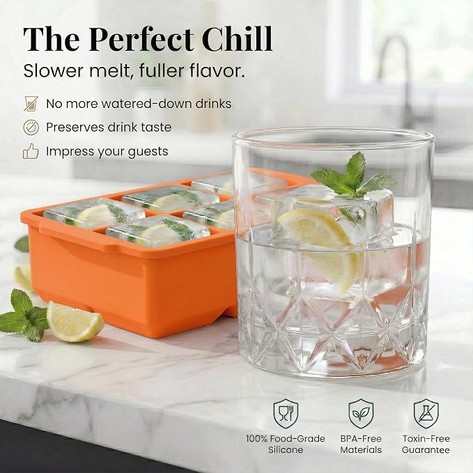KitchFort® Large Silicone Ice Cube Tray (2-Pack), Easy Release 2" Big Ice Cubes - Cocktail, Whiskey Ice Cubes Mold - Ice Trays for Freezer with Lid - Stackable Silicone Ice Tray - Orange