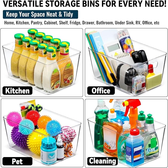 12 PACK LARGE Clear Storage Bins with Handles & Labels, Multiuse Plastic Pantry Organizer Bins for Home Kitchen, Fridge, Freezer, Cabinet, Closet, Bathroom, Shelf, Laundry, RV, Under Sink Organization