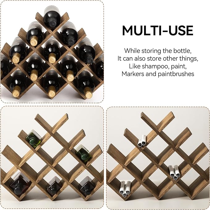 KIRIGEN Wood Wine Rack, 13-Bottle 4-Tier Countertop Holder, Brown 4-DBR | 22.28 x 5.9 x 13.9 In, Freestanding Wooden Rack Stores 13 Wine Bottles for Counters, Cabinets, Pantry Shelves, and Home Bars