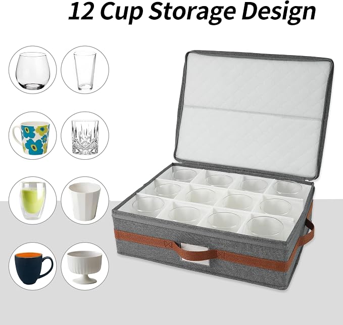 Mug Storage Box with Divider, Tea Cup and Coffee Mug Storage Container with Zipper Cover and Reinforced Handle, Hard Shell, Stackable, Foldable (Grey Red, 2 Sets)