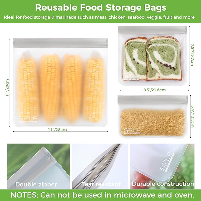SPLF 12 Pack Dishwasher Safe Reusable Food Storage Bags, Gray | Extra Thick Freezer Bags Leakproof Silicone and Plastic Free Food Lunch Bag-5 Sandwich 5 Snack 2 Gallon