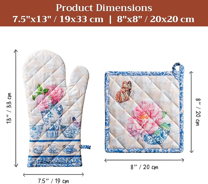Maison d' Hermine 100% Cotton Oven Mitt & Pot Holder Set (7.5"x13" & 8"x8") | Heat Resistant BBQ Cooking Gloves with Loop Baking Grilling Kitchen Hotel Home Farmhouse Spring Summer - Canton