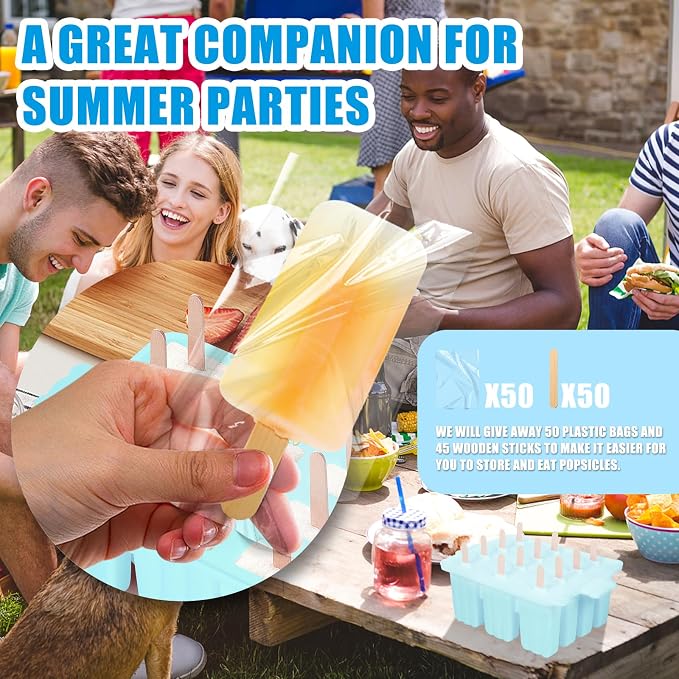 popsicle molds, Silicone ice pop mold Food Grade cakesicles mold for ice cream 50 popsicle sticks 50 popsicle bag (Sky Blue, 12 Cavities)