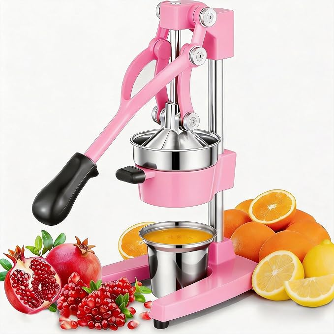 Commercial Heavy Duty Cast Iron Hand Press Manual Orange Citrus Lemon Lime Grapefruit Pomegranate Fruit Juice Squeezer Machine with Stainless Steel Cup Pink