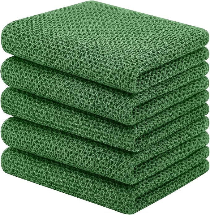 Homaxy 100% Cotton Waffle Weave Kitchen Towels, 5-Pack, Grass Green | 13 x 28 Inches, Ultra Soft Absorbent Dish Towels, Quick Drying Cleaning Towels