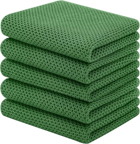 Homaxy 100% Cotton Waffle Weave Kitchen Towels, 5-Pack, Grass Green | 13 x 28 Inches, Ultra Soft Absorbent Dish Towels, Quick Drying Cleaning Towels