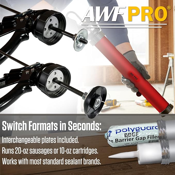 AWF PRO Sausage Caulking Gun 20 oz, 25:1 Thrust Ratio, Pack of 6 | 20 oz Foil Pack and 10 oz Cartridge Convertible, Aluminum Barrel, Includes 3 Tips